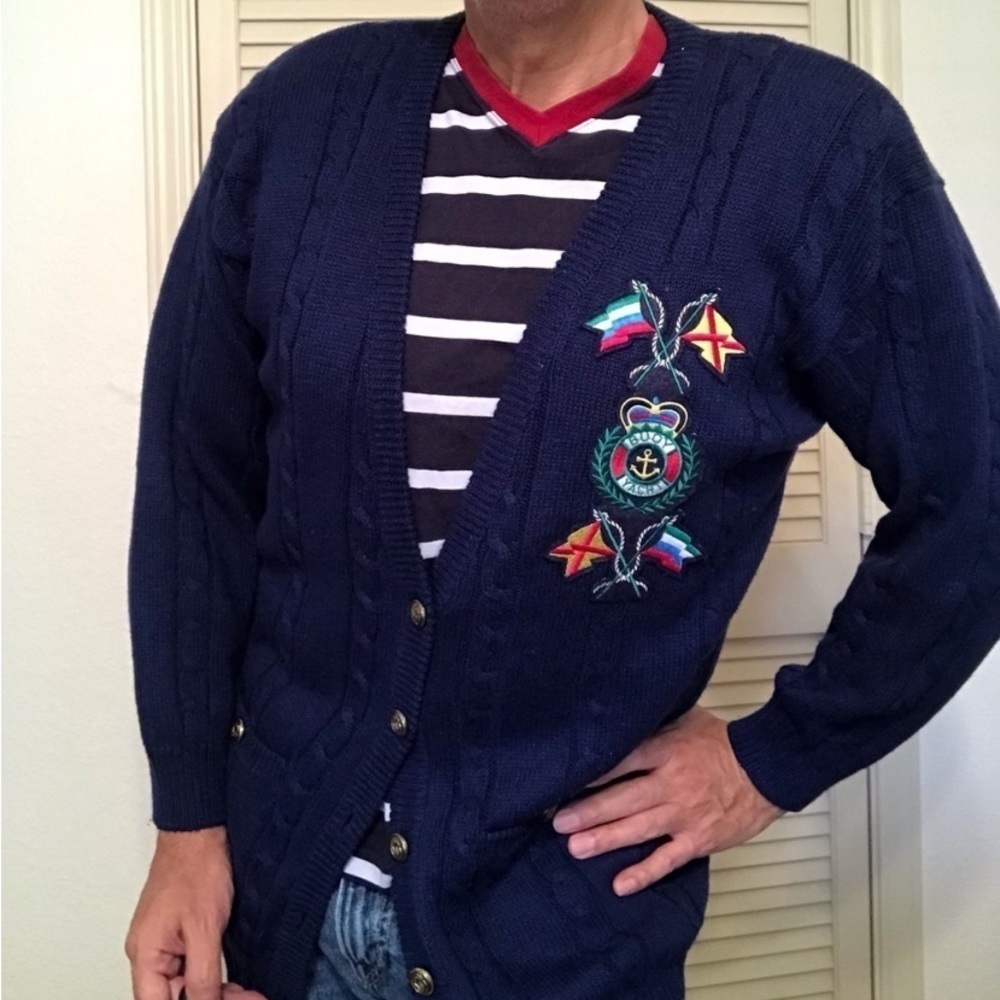 VINTAGE 80S NAUTICAL CARDIGAN JANTZEN PATCHES TENNIS GOLF PREPPY COUNTRY CLUB